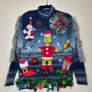 Ugly Christmas Sweater Singing Grinch LIGHTS UP Tacky Tinsel Xmas Party Winner